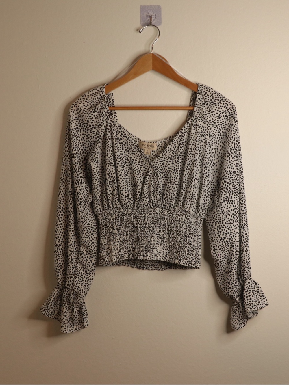 No Frills Spotted Smocked Waist Puff Sleeve Top Size S